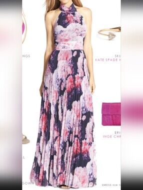 Eliza J Floral Pleated Halter Maxi Gown Dress Size 4P Petite